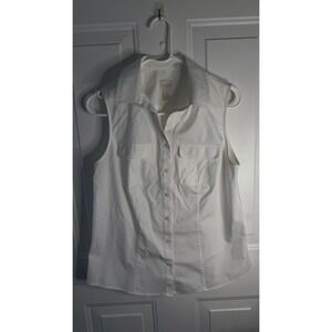Chico's White Sleeveless Collared Button Front Woven Cotton Top Pockets